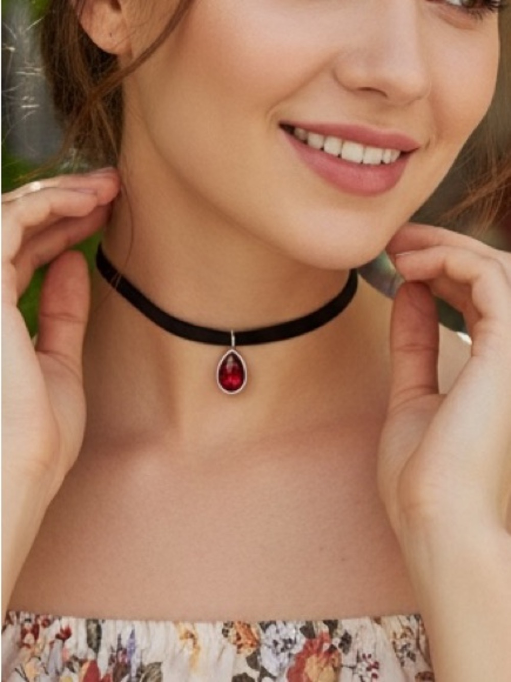 Black Velvet Choker with Red Teardrop Pendant
